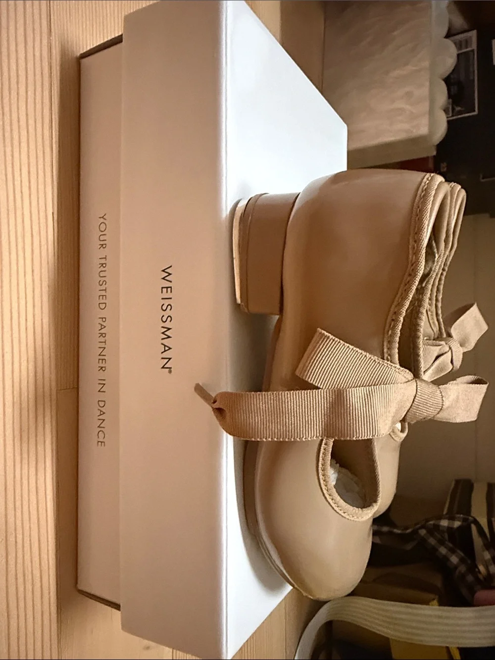 Weissman Tan Patent Mary Jane Shoes with Grosgrain Bow